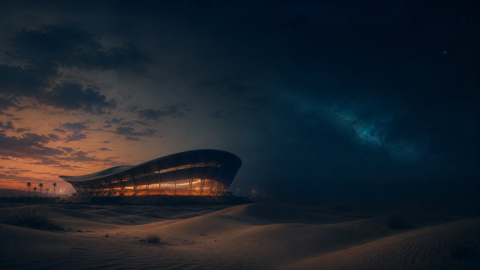 A modern World Cup stadium in the desert at dusk